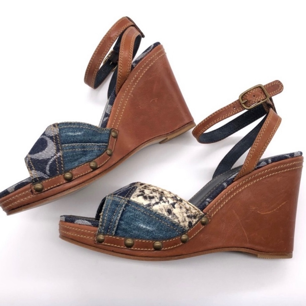 Coach Lynda Denim Leather Wedge Sandals Womens Sz 8 Gem
